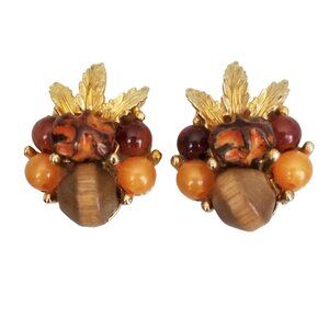 Arthur Pepper ART Wood Lucite Beaded Clip-On Earrings, Signed M180